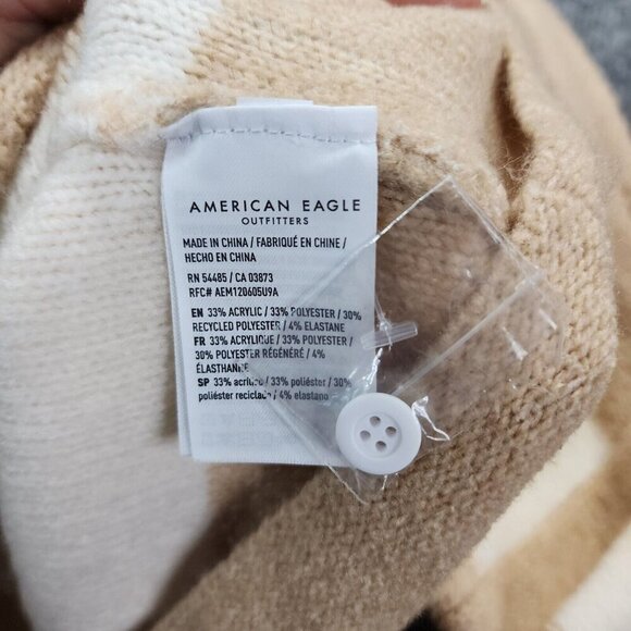 American Eagle Tan/Cream Striped Collared 3/4 Button Up Sweater XS Preppy Boxy - Picture 6 of 16